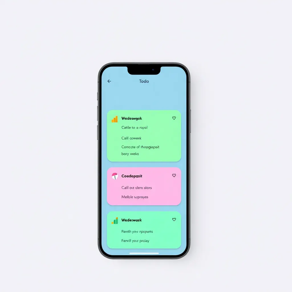 mobile task management app interface with colorful cards, todo list, modern UI design